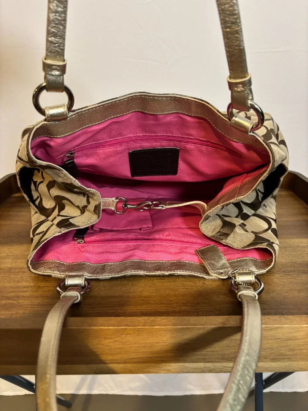 Coach Gabby Signature Khaki Metallic Gold XL Tote